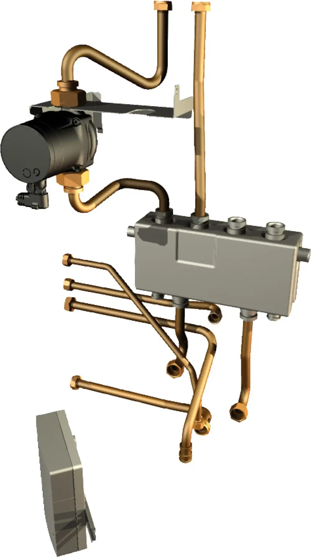 Bosch Installationszubehör mit hydraulischer Weiche und mehreren Kupferleitungen, die für den Anschluss in Heizsystemen konzipiert sind.